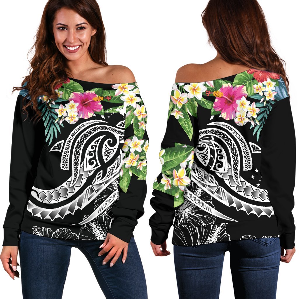 Papua New Guinea Polynesian Women's Off Shoulder Sweater - Summer Plumeria (Black) Black - Polynesian Pride