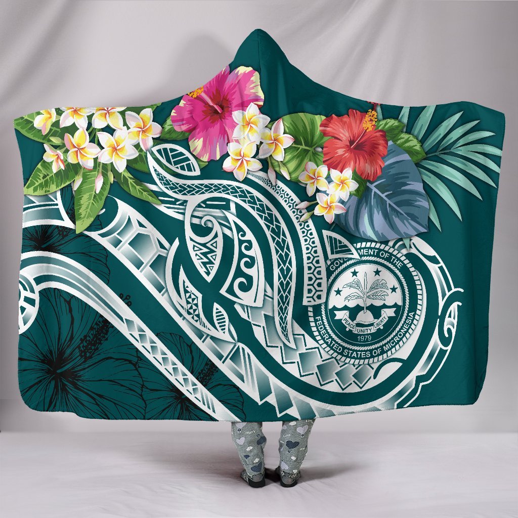 FSM Polynesian Hooded Blanket - Summer Plumeria (Turquoise) Hooded Blanket Turquoise - Polynesian Pride