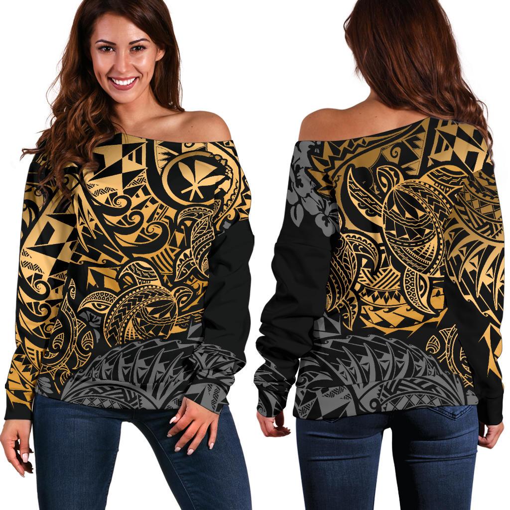 Polynesian Hawaii (Kanaka Maoli) Off Shoulder Sweater - Gold Turtle Hibiscus Flowing Gold - Polynesian Pride