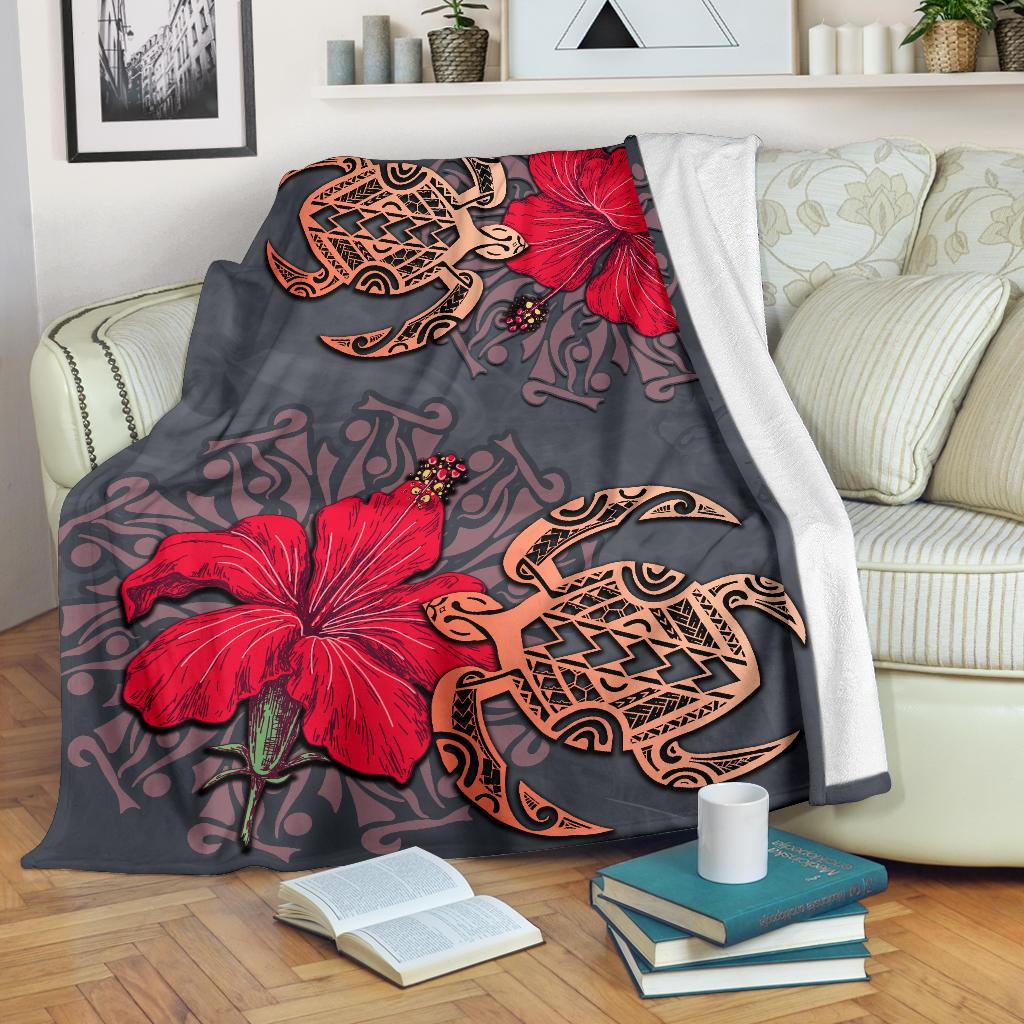 Hawaii Turtle Hibiscus Polynesian Premium Blanket - Khoi Style - AH White - Polynesian Pride