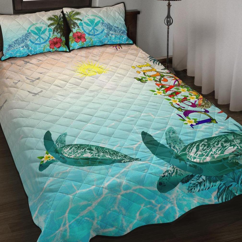 Polynesian Hawaii Quilt Bed Sets - View sea Hawaii with Turtle and Whale Blue - Polynesian Pride