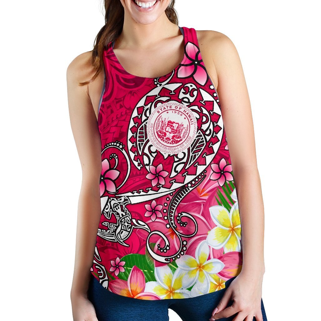 Hawaii Polynesian Women's Racerback Tank - Hawaii Seal With Turtle Plumeria (Pink) Pink - Polynesian Pride