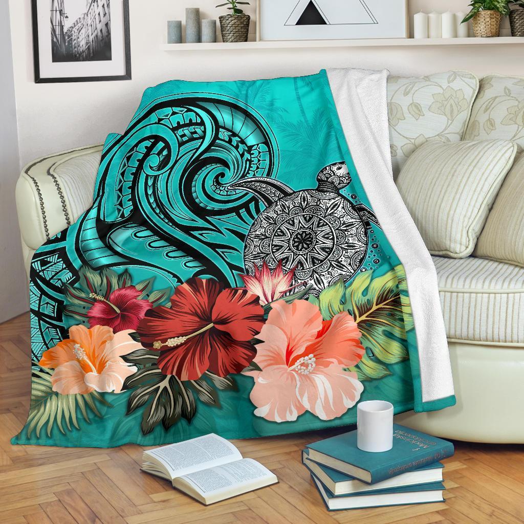 Turtle Polynesian Premium Blanket Hibiscus Polynesian Turquoise White - Polynesian Pride