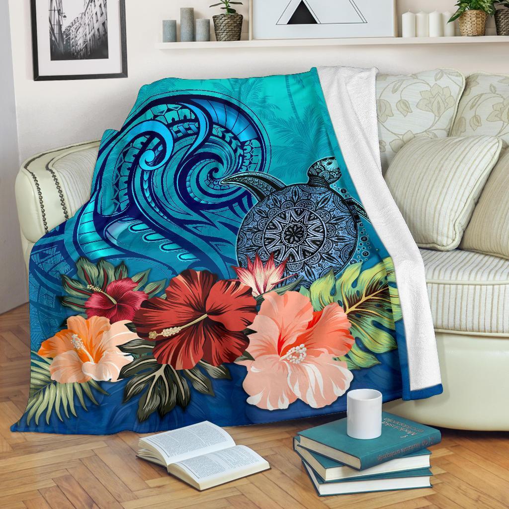 Turtle Polynesian Premium Blanket Hibiscus Polynesian Blue White - Polynesian Pride