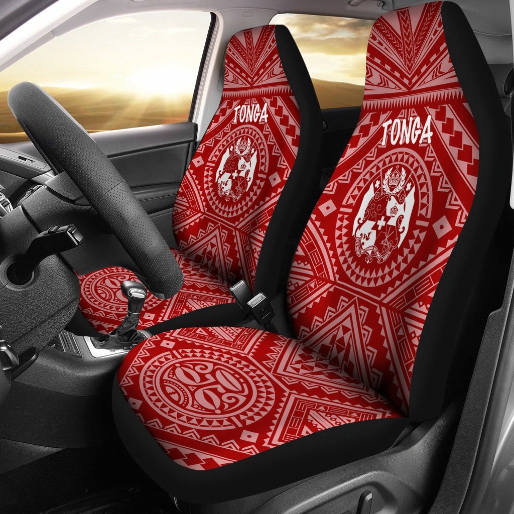 Tonga Car Seat Covers - Tonga Seal With Polynesian Tattoo Style (Red) Universal Fit Red - Polynesian Pride