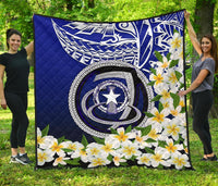 Northern Mariana Islands Premium Quilt - Polynesian Plumeria Pattern Blue - Polynesian Pride