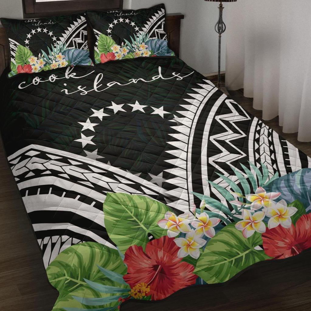 Cook Islands Quilt Bed Set - Cook Islands Coat of Arms & Polynesian Tropical Flowers White White - Polynesian Pride