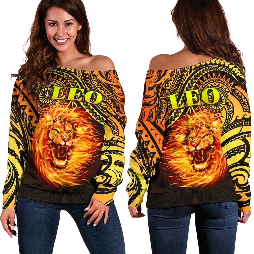 Sun In Leo Zodiac Women Off Shoulder Sweater Polynesian Tattoo Unique Vibes Art - Polynesian Pride