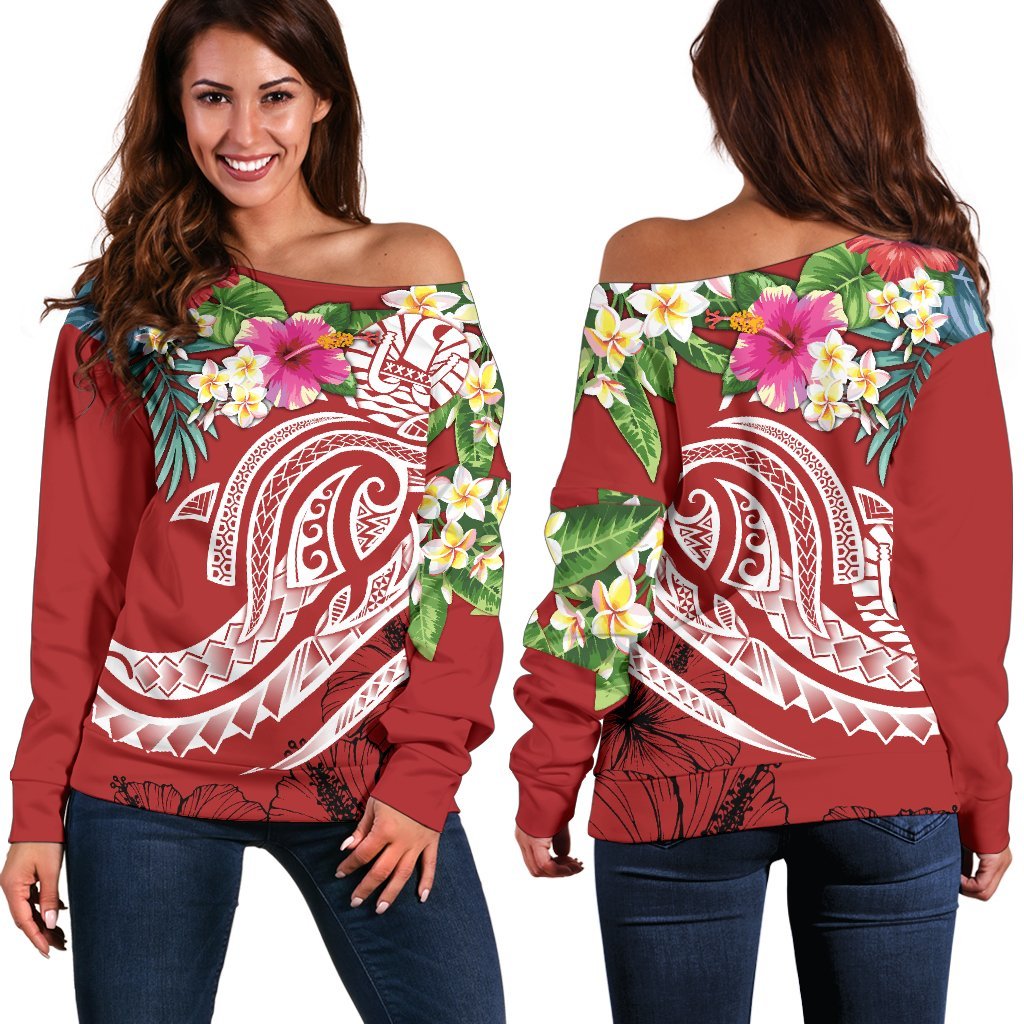 Tahiti Polynesian Women's Off Shoulder Sweater - Summer Plumeria (Red) Red - Polynesian Pride