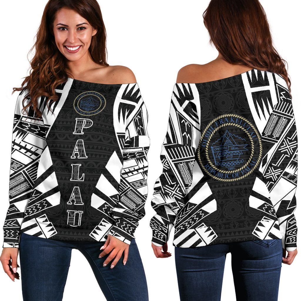 Palau Women's Off Shoulder Sweater - Polynesian Tattoo Black Black - Polynesian Pride