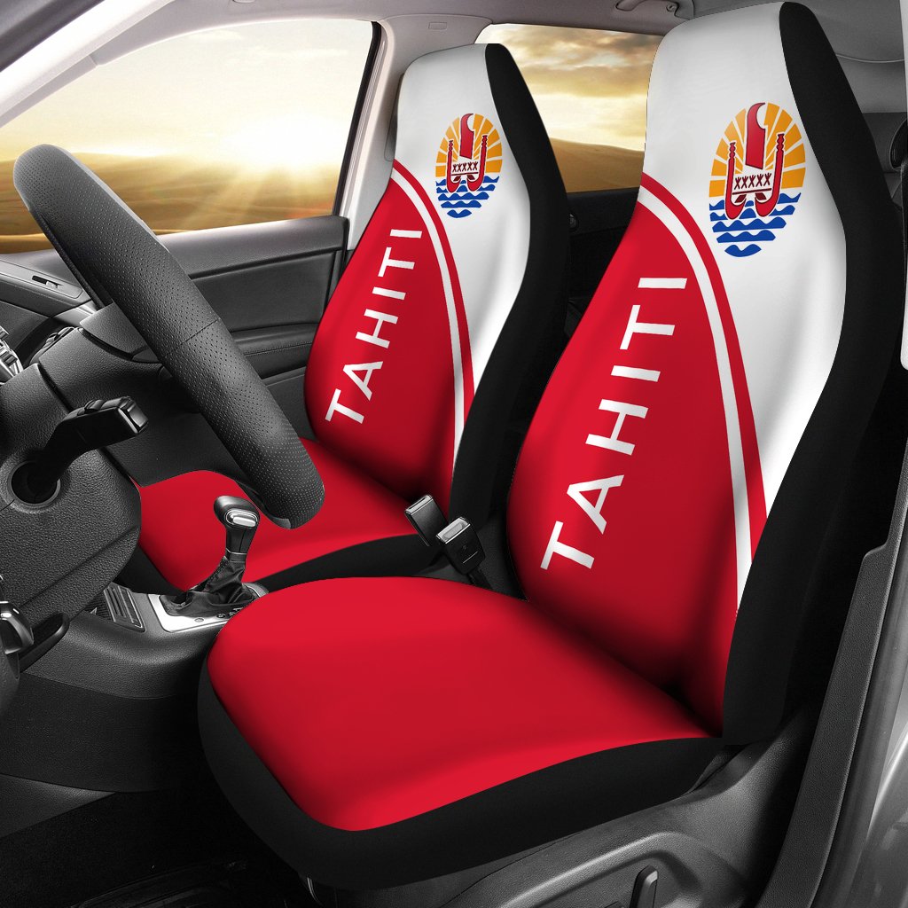 Tahiti Car Seat Covers - Tahiti Flag Curve Version Universal Fit White Red - Polynesian Pride