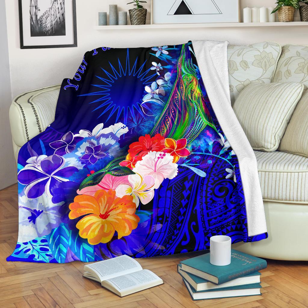 Marshall Islands Custom Personalised Premium Blanket - Humpback Whale with Tropical Flowers (Blue) White - Polynesian Pride