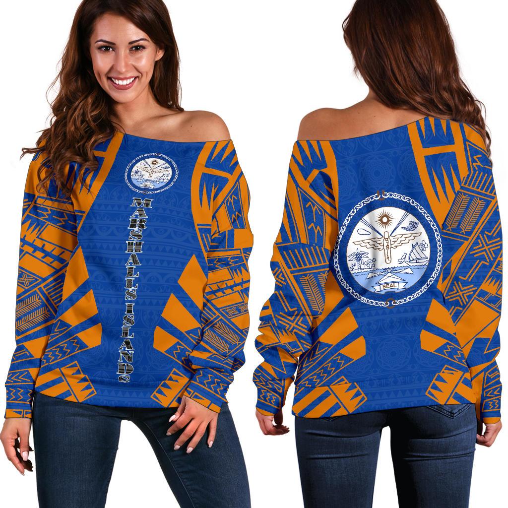 Marshall Islands Women's Off Shoulder Sweater - Polynesian Tattoo Flag White - Polynesian Pride