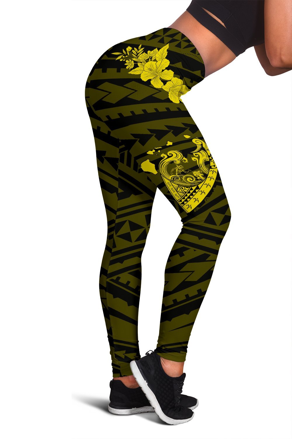 Hawaii Hibiscus Banzai Surfing Women's Legging Yellow Black - Polynesian Pride