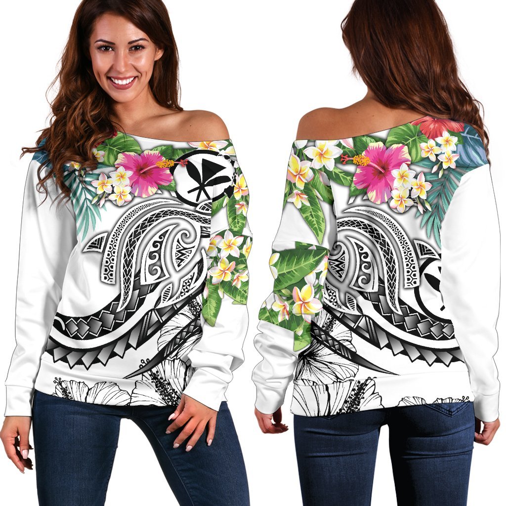 Polynesian Hawaii Kanaka Maoli Women's Off Shoulder Sweater - Summer Plumeria (White) White - Polynesian Pride