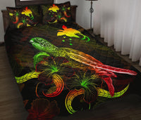 Papua New Guinea Polynesian Quilt Bed Set - Turtle With Blooming Hibiscus Reggae Art - Polynesian Pride