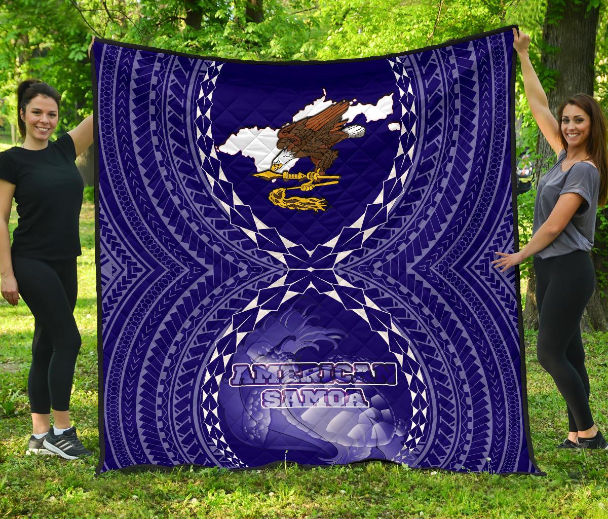 American Samoa Polynesian Premium Quilt - American Samoa Flag with Polynesian Tattoo Blue - Polynesian Pride