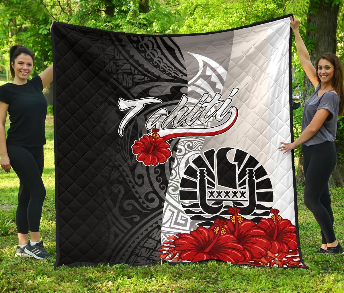 Tahiti Polynesian Premium Quilt - Coat Of Arm With Hibiscus White - Polynesian Pride