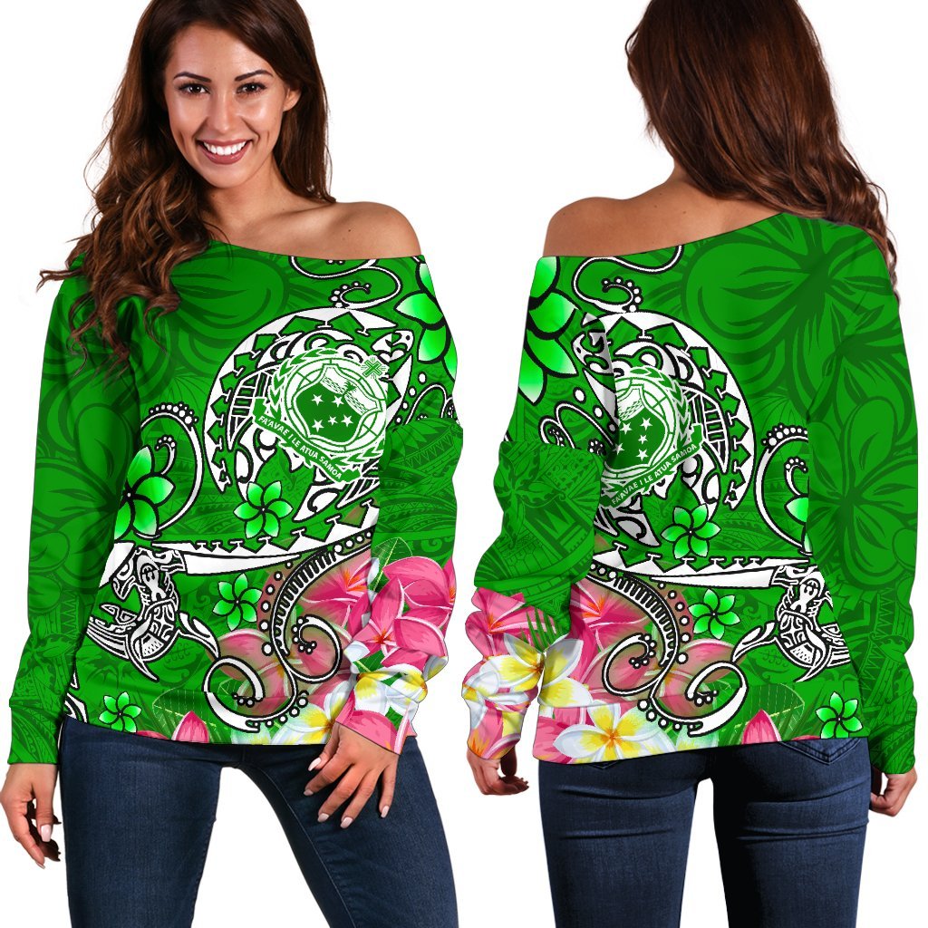 Samoa Women's Off Shoulder Sweater - Turtle Plumeria (Green) Green - Polynesian Pride