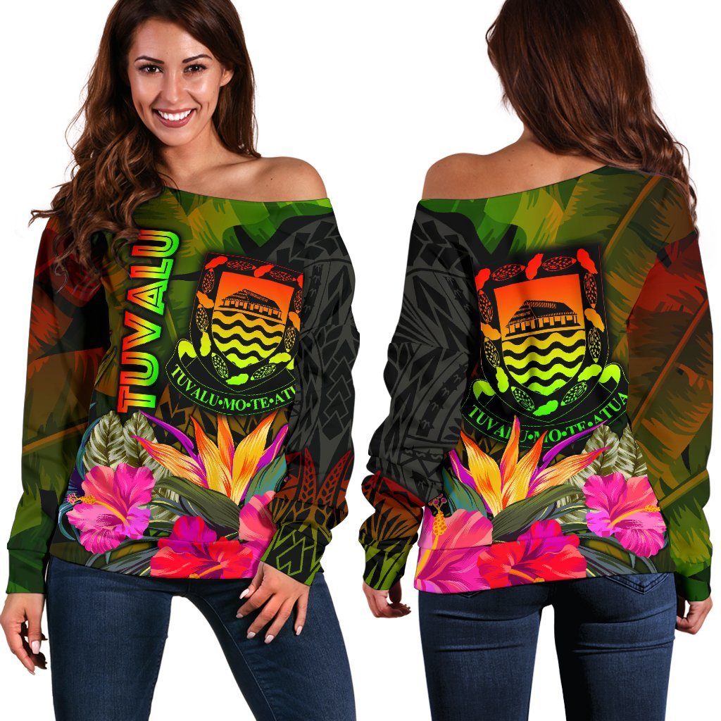 Tuvalu Polynesian Women's Off Shoulder Sweater - Hibiscus and Banana Leaves Art - Polynesian Pride