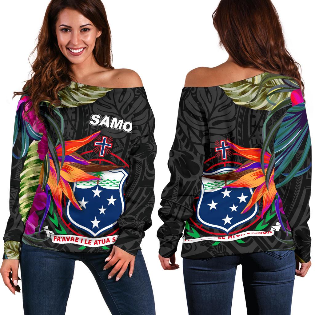 Samoa Women's Off Shoulder Sweater - Polynesian Hibiscus Pattern Black - Polynesian Pride
