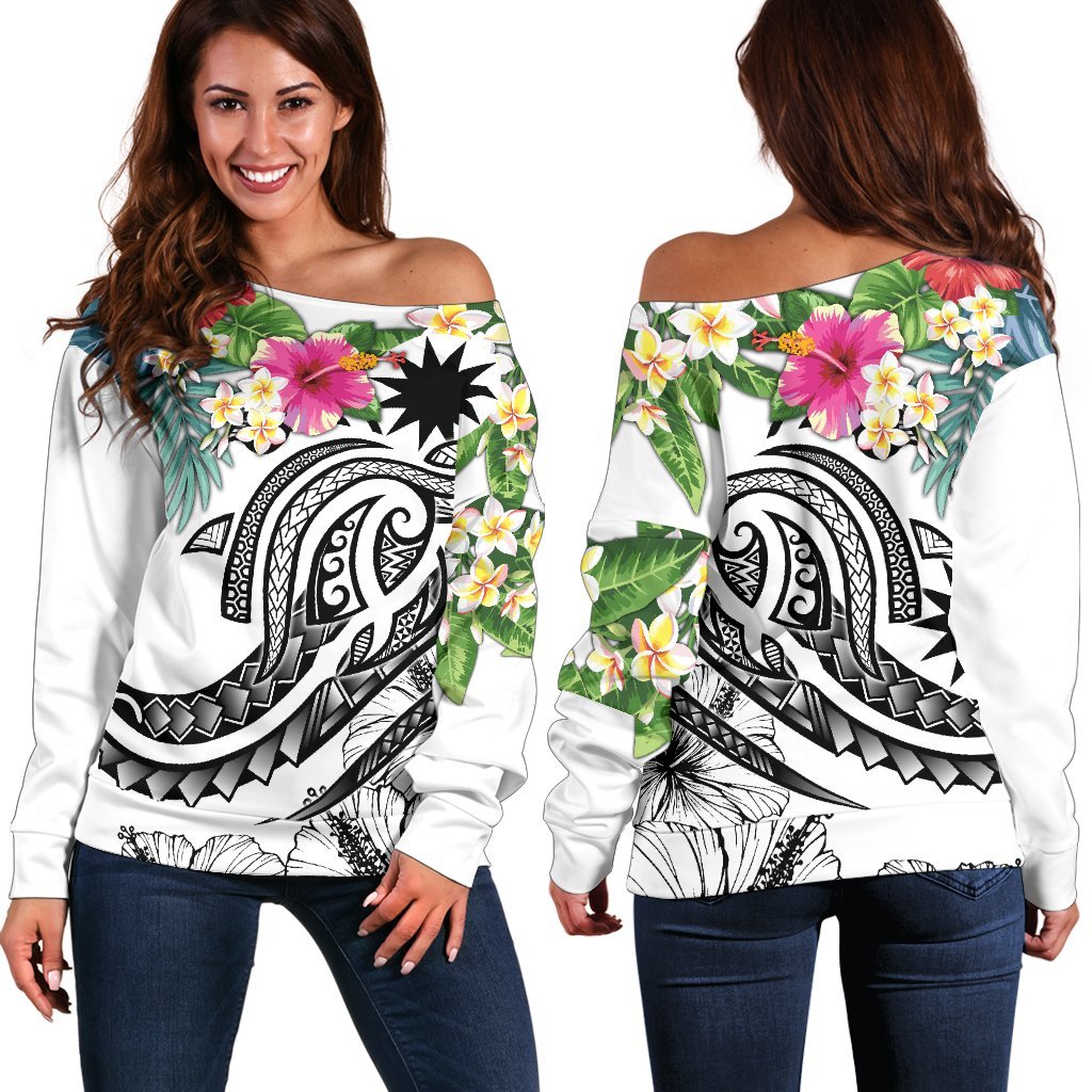 Nauru Polynesian Women's Off Shoulder Sweater - Summer Plumeria (White) White - Polynesian Pride