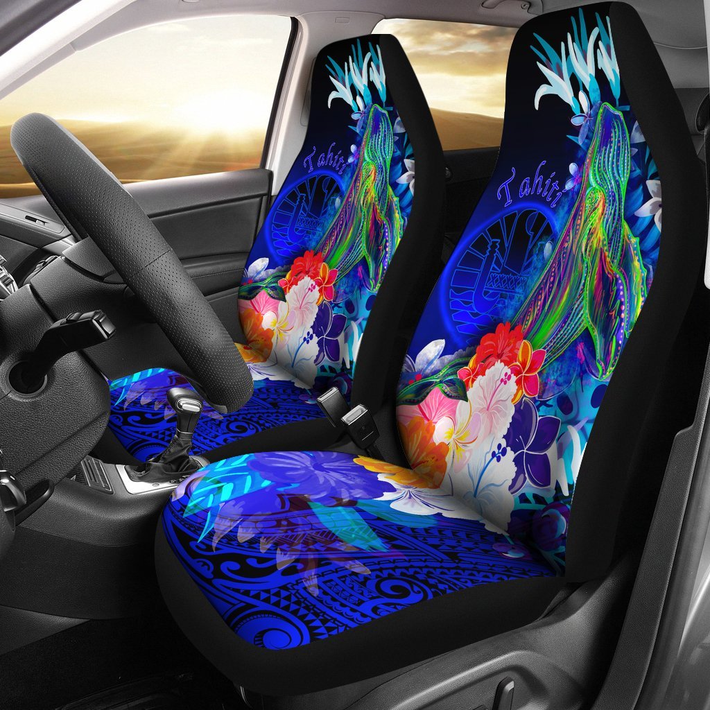 Tahiti Car Seat Covers - Humpback Whale with Tropical Flowers (Blue) Universal Fit Blue - Polynesian Pride