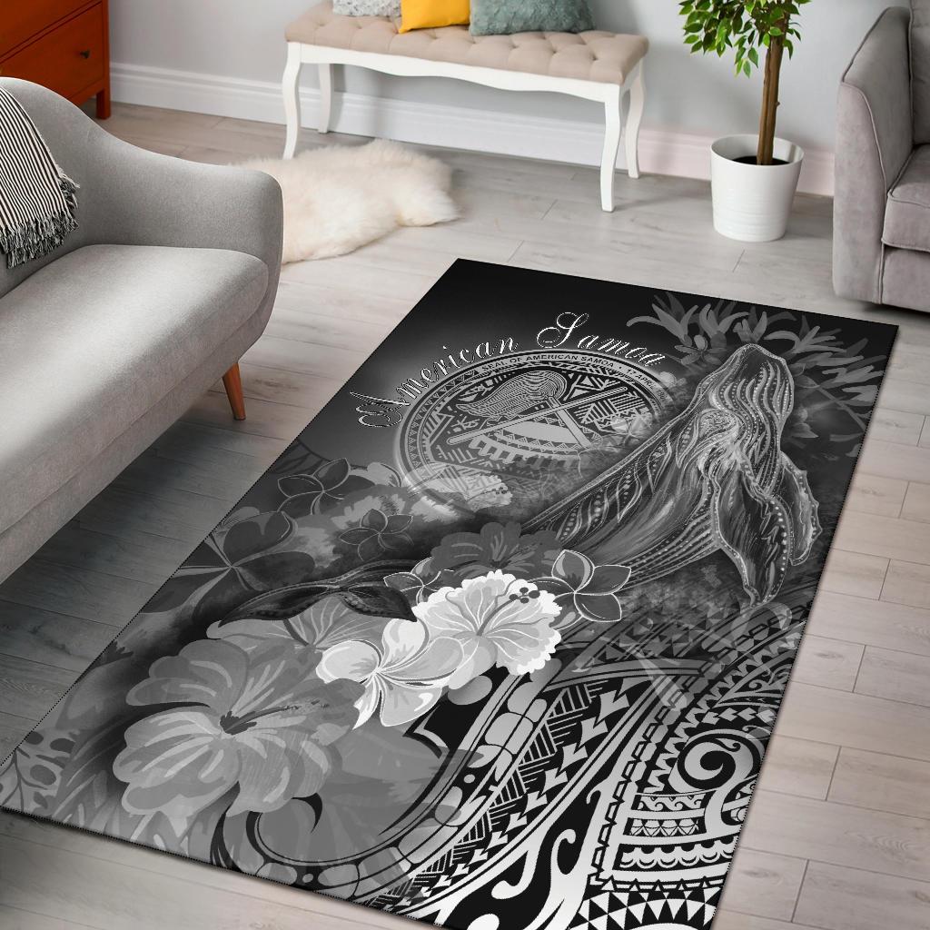 American Samoa Polynesian Area Rug - Humpback Whale with Tropical Flowers (White) White - Polynesian Pride