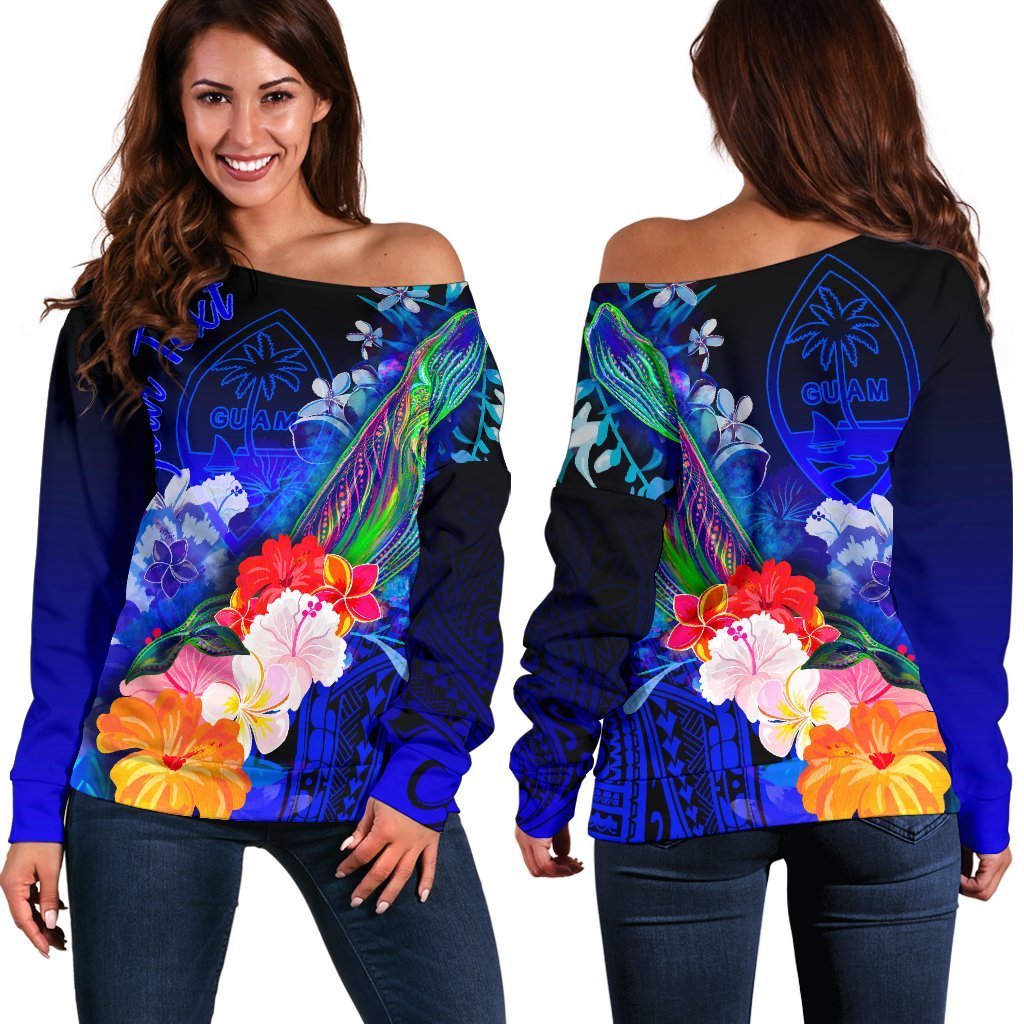 Guam Custom Personalised Women's Off Shoulder Sweater - Humpback Whale with Tropical Flowers (Blue) Blue - Polynesian Pride