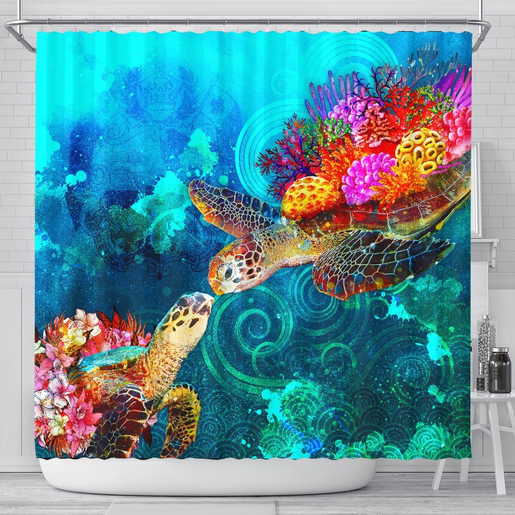 Tonga Shower Curtain - Sea Turtle Coral Treasure 177 x 172 (cm) BLACK - Polynesian Pride