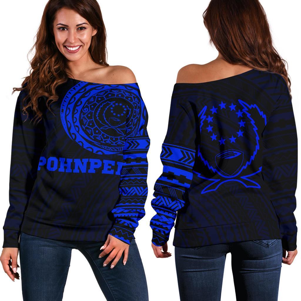 Pohnpei in My Heart Tattoo Style Off Shoulder Sweater Blue A7 Black - Polynesian Pride