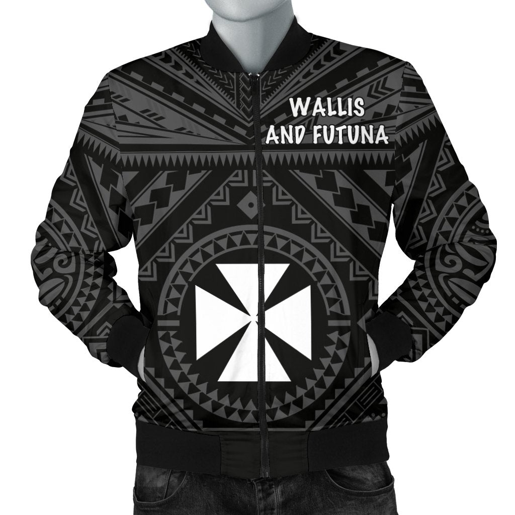 Wallis and Futuna Men's Bomber Jacket - Wallis and Futuna Seal With Polynesian Tattoo Style Black - Polynesian Pride