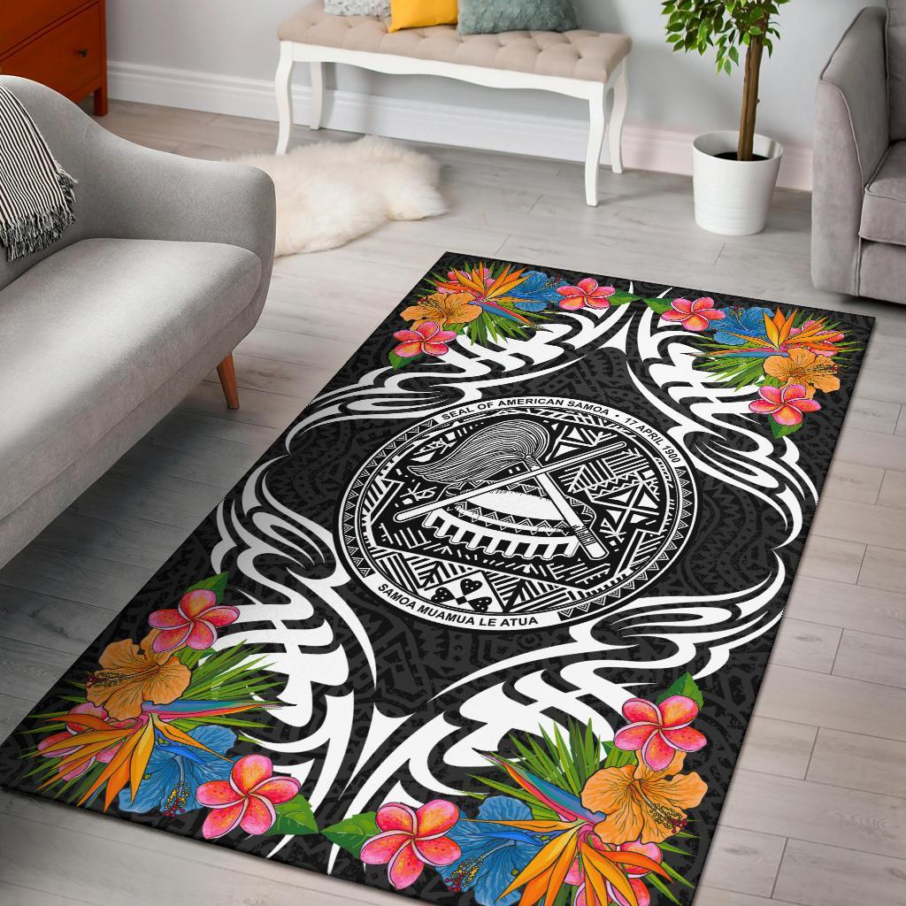 American Samoa Area Rug - Coat OfArmsWith Tropical Flowers Black - Polynesian Pride