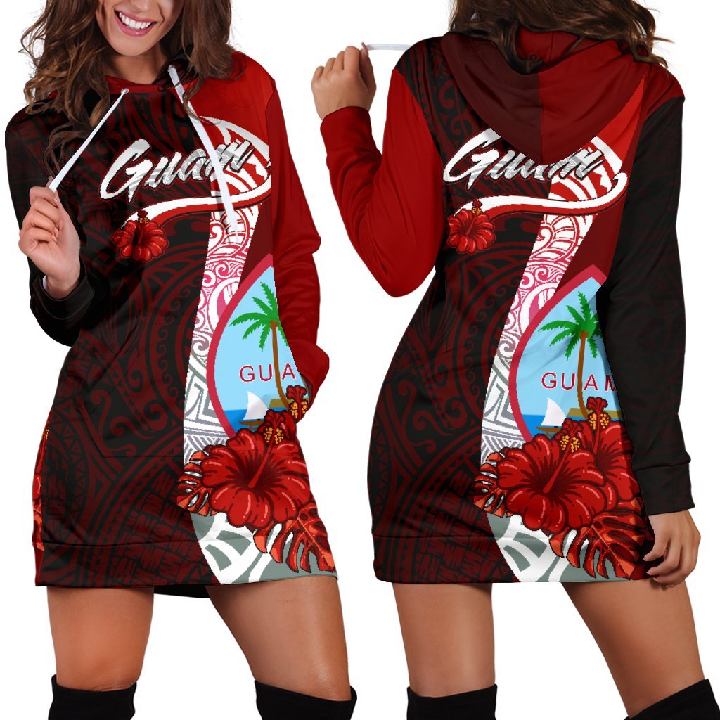 Guam Polynesian Hoodie Dress - Coat Of Arm With Hibiscus Red - Polynesian Pride