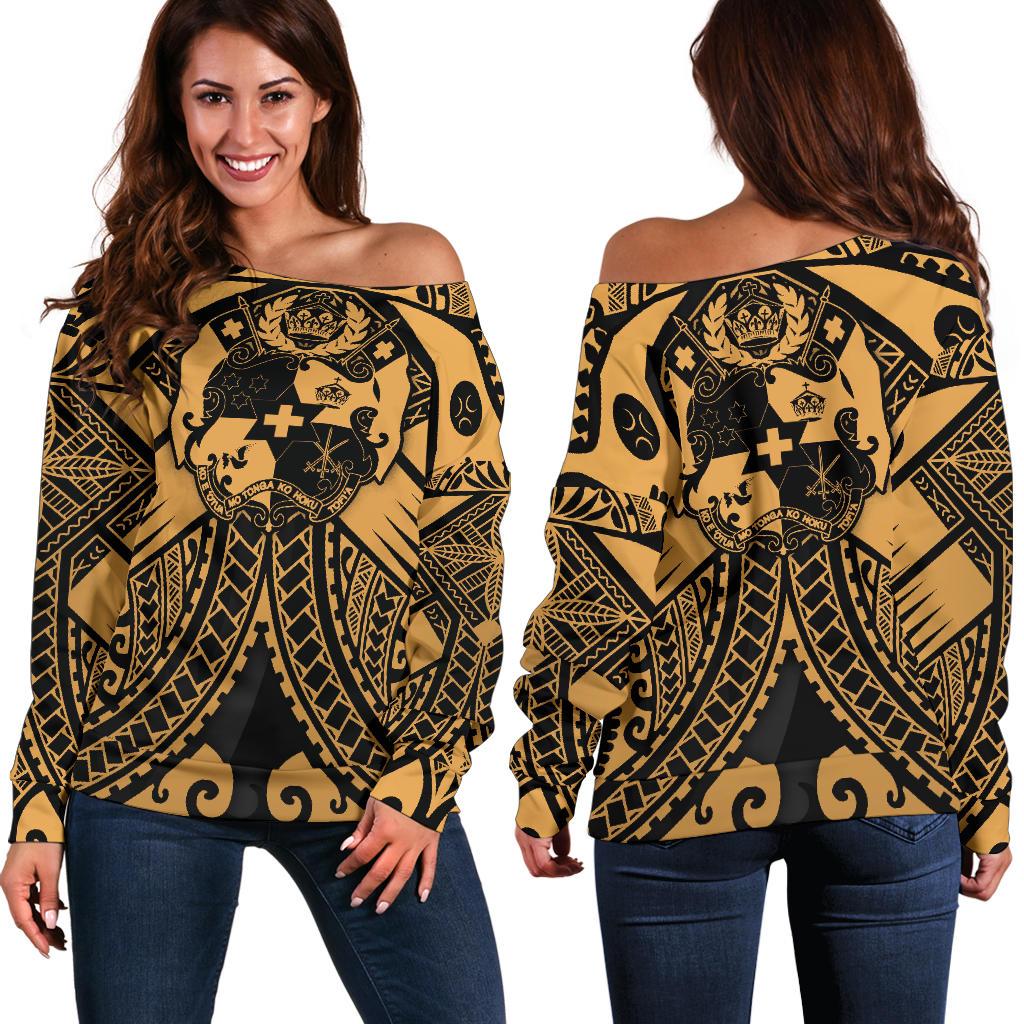 Tonga Polynesian Women's Off Shoulder Sweater - Tonga Gold Seal Polynesian Tattoo Gold - Polynesian Pride