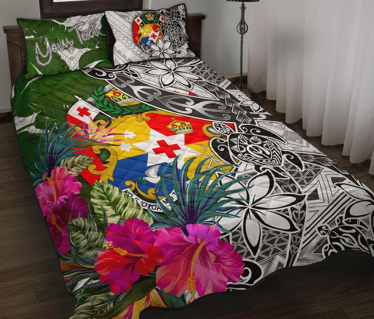 Tonga Custom Personalised Quilt Bet Set White - Turtle Plumeria Banana Leaf White - Polynesian Pride