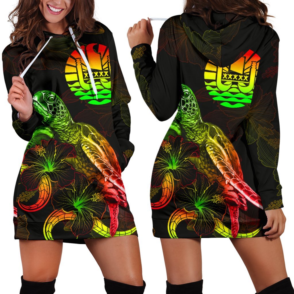 Tahiti Polynesian Hoodie Dress - Turtle With Blooming Hibiscus Reggae Reggae - Polynesian Pride