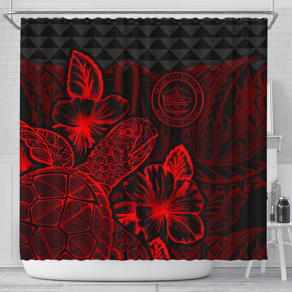 Palau Shower Curtain Turtle Hibiscus Red 177 x 172 (cm) Red - Polynesian Pride