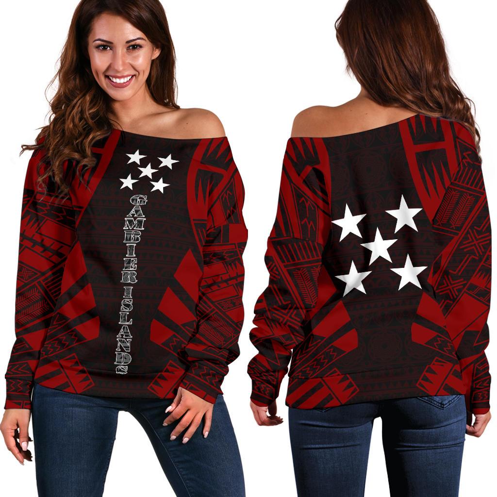 Gambier Islands Women's Off Shoulder Sweater - Polynesian Tattoo Red Red - Polynesian Pride