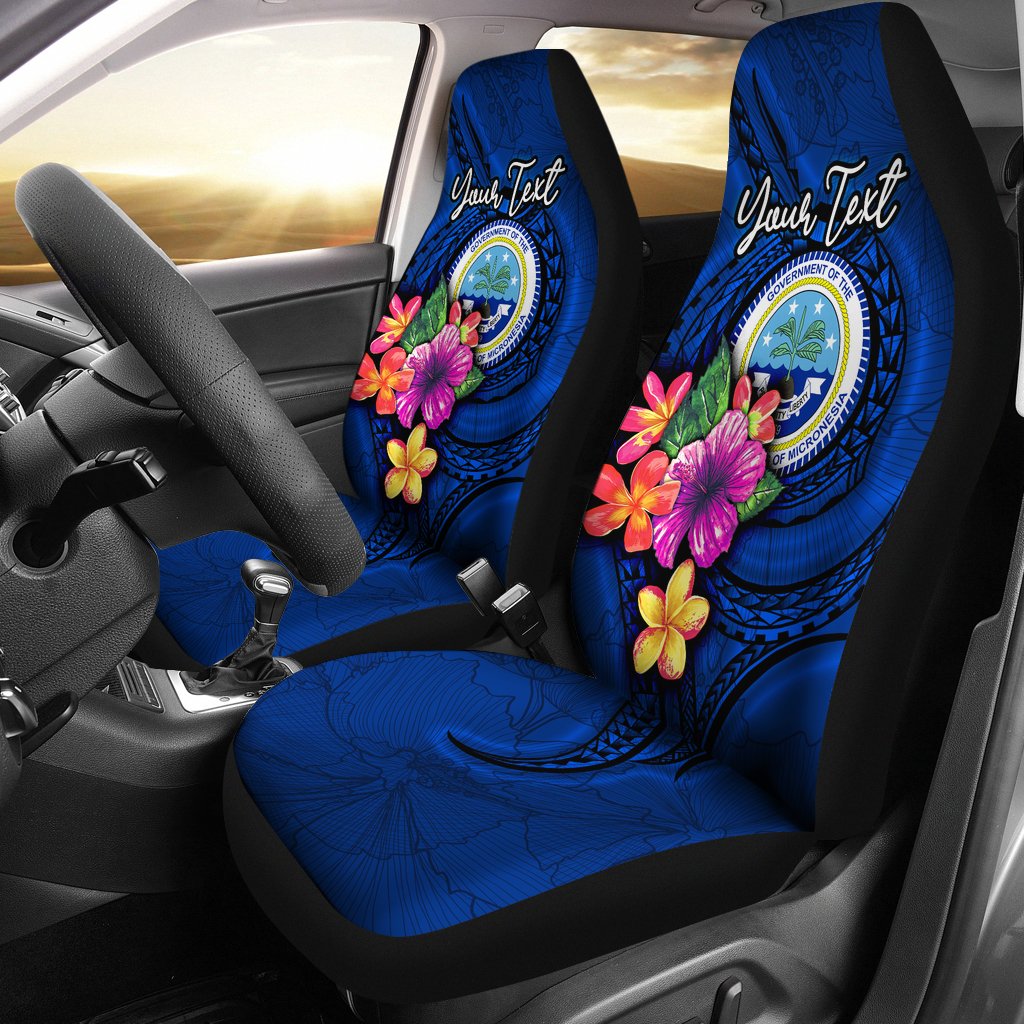 Federated States of Micronesia Custom Personalised Car Seat Covers - Floral With Seal Blue Universal Fit Blue - Polynesian Pride