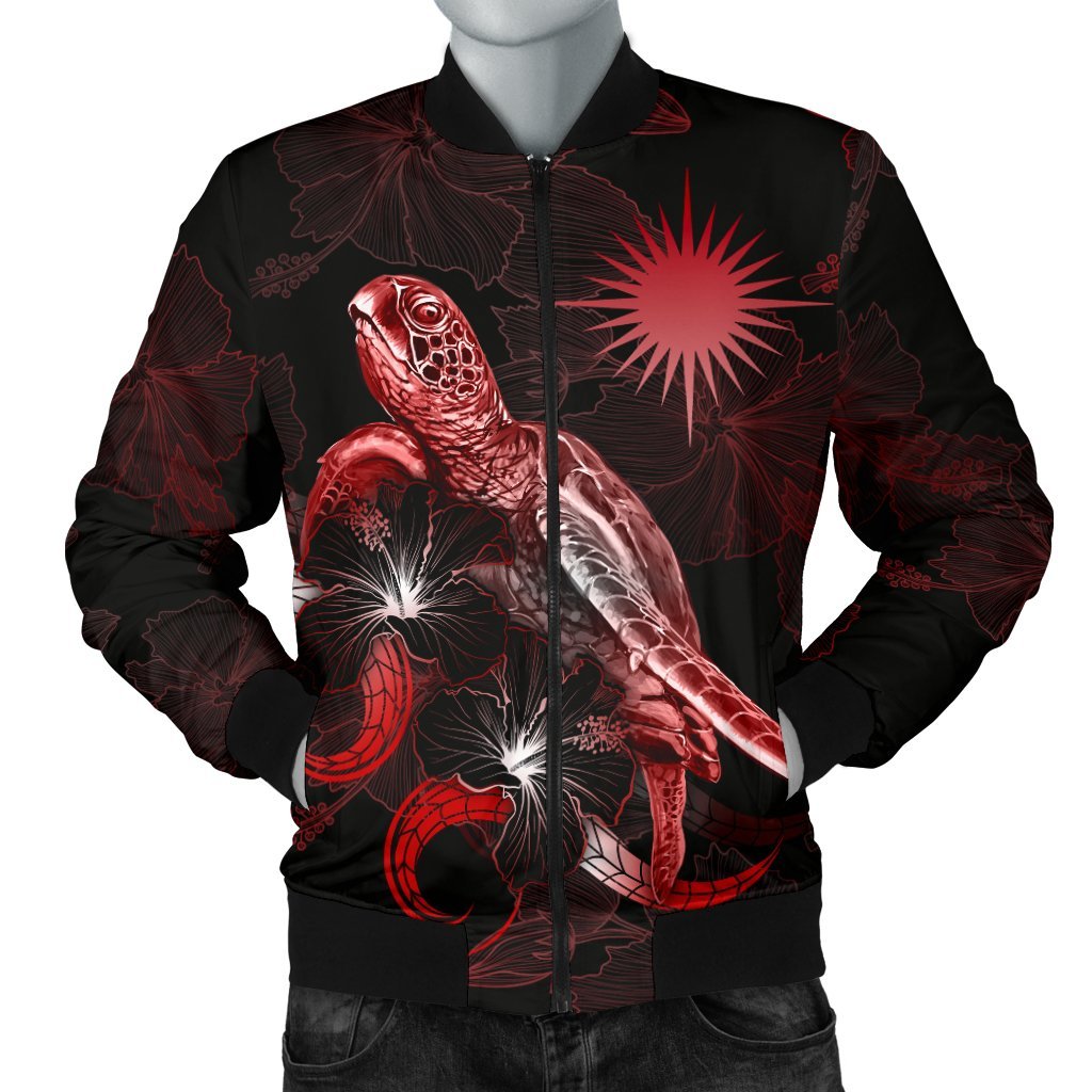 Marshall Islands Polynesian Men's Bomber Jacket - Turtle With Blooming Hibiscus Red Red - Polynesian Pride