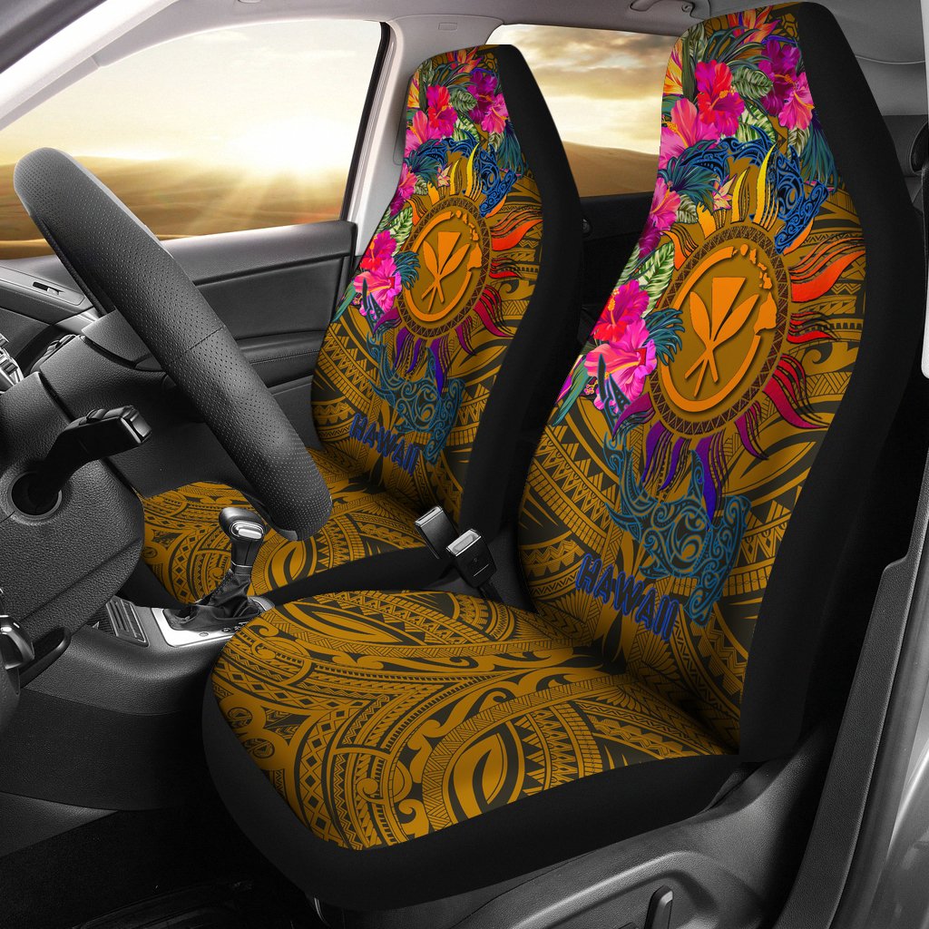 Polynesian Hawaii Kanaka Maoli Car Seat Covers - Hibiscus Flowers & Polynesian Patterns Universal Fit Black - Polynesian Pride