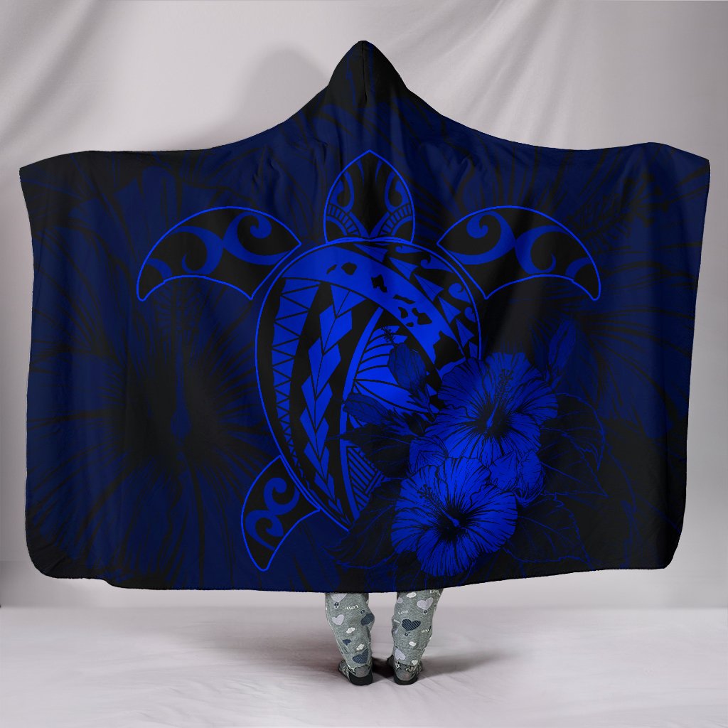 Hawaii Hibiscus Hooded Blanket - Harold Turtle - Blue Hooded Blanket Blue - Polynesian Pride