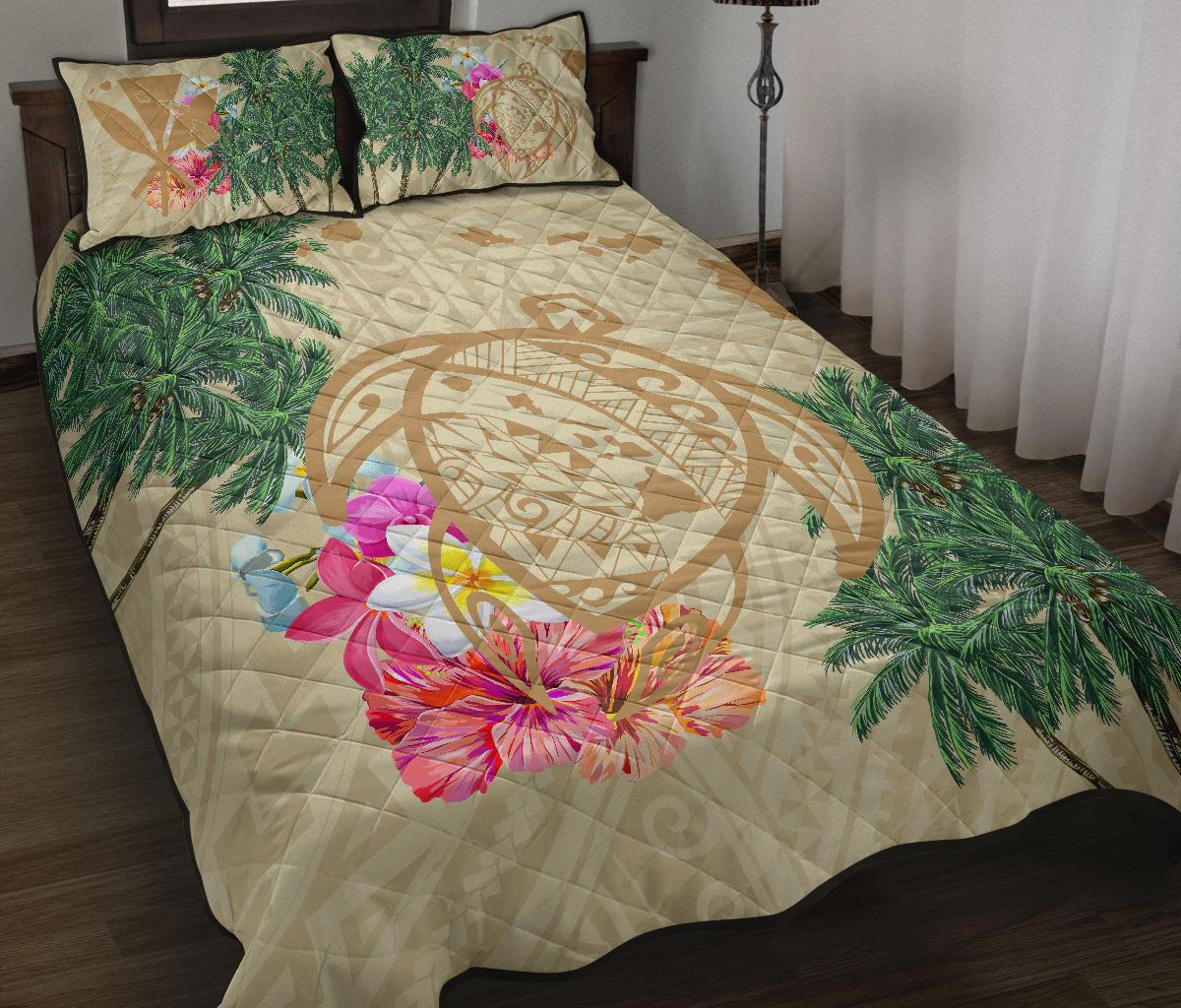 Hawaii Kanaka Maoli Polynesian Flowers Turtle Quilt Bed Set - Polynesian Pride
