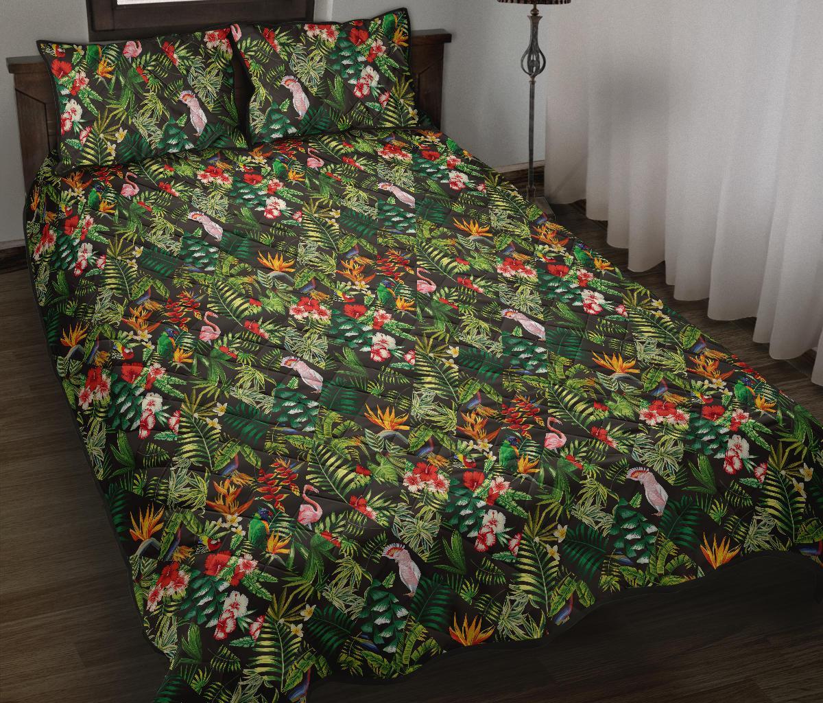 Hawaii Quilt Bed Set Tropical Flamingo Hibiscus AH Black - Polynesian Pride