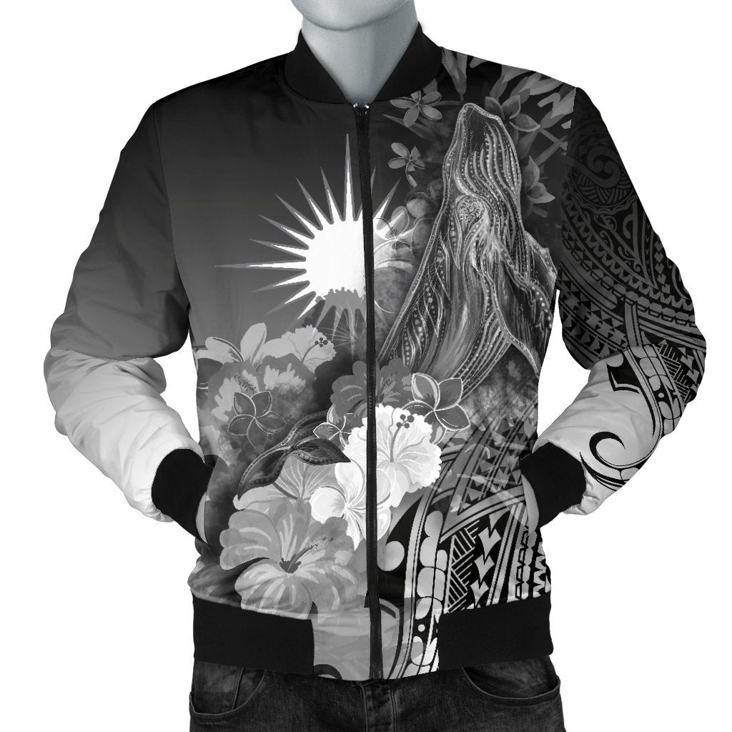 Marshall Islands Men's Bomber Jacket - Humpback Whale with Tropical Flowers (White) White - Polynesian Pride