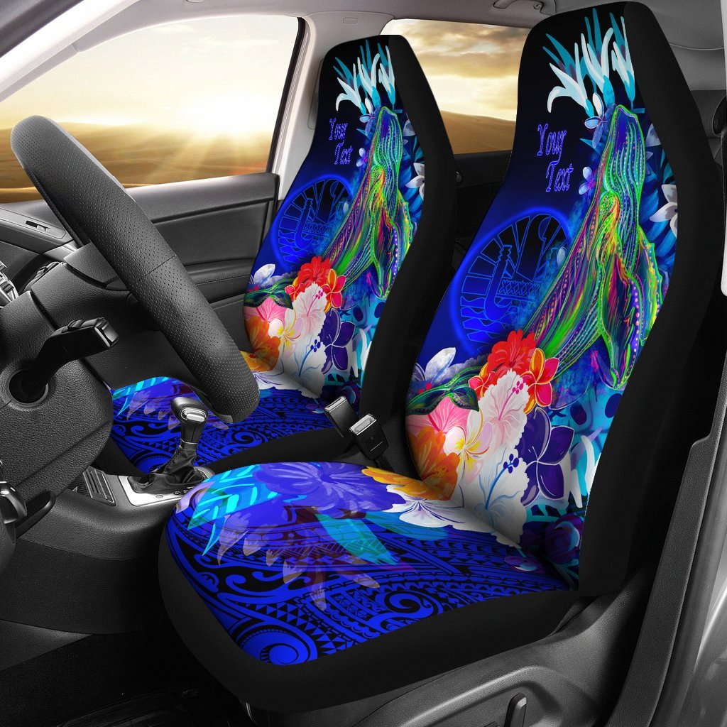 Tahiti Custom Personalised Car Seat Covers - Humpback Whale with Tropical Flowers (Blue) Universal Fit Blue - Polynesian Pride