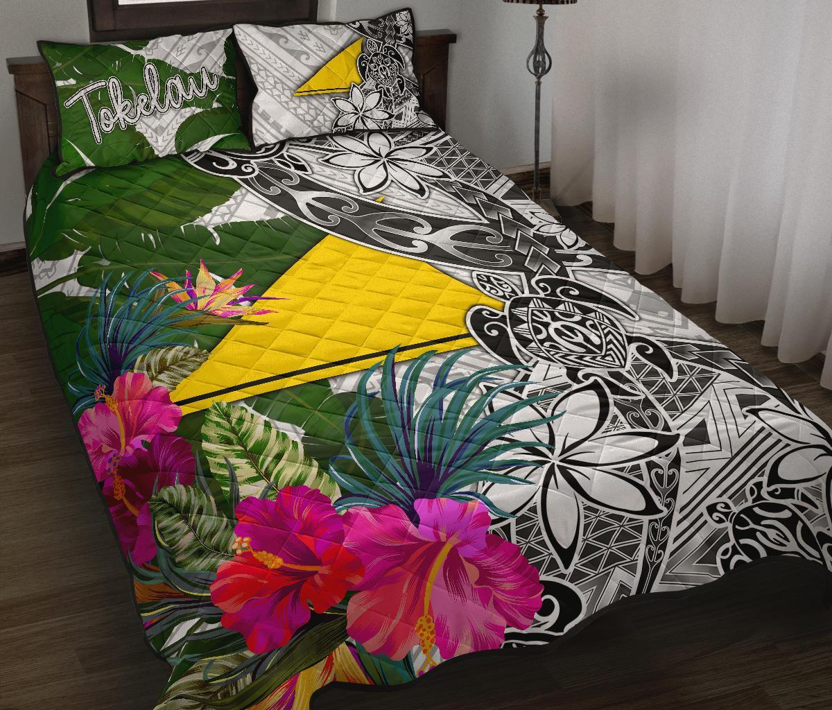 Tokelau Quilt Bed Set White - Turtle Plumeria Banana Leaf White - Polynesian Pride