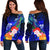 Guam Women's Off Shoulder Sweaters - Humpback Whale with Tropical Flowers (Blue) Blue - Polynesian Pride