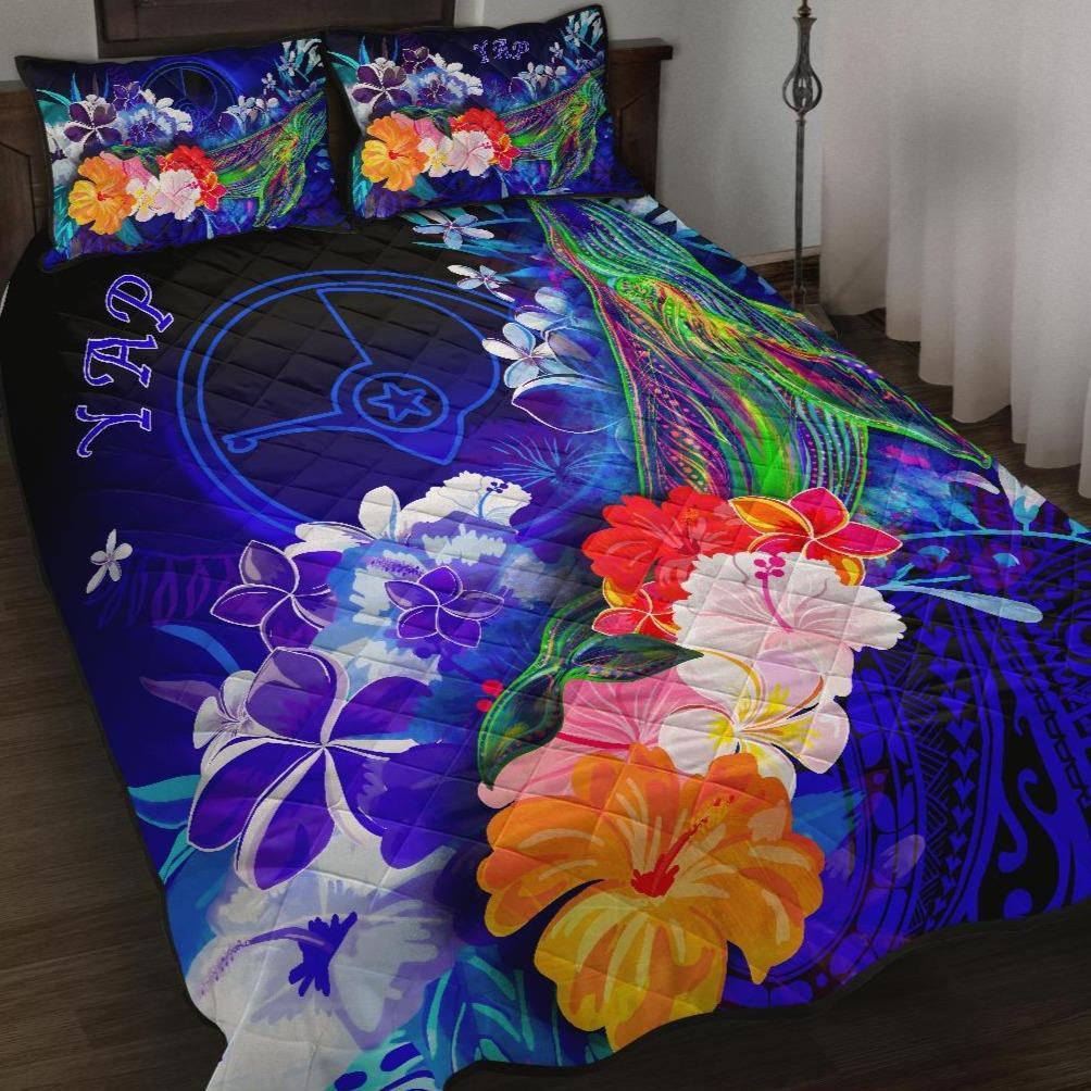 Yap Quilt Bed Set - Humpback Whale with Tropical Flowers (Blue) Blue - Polynesian Pride